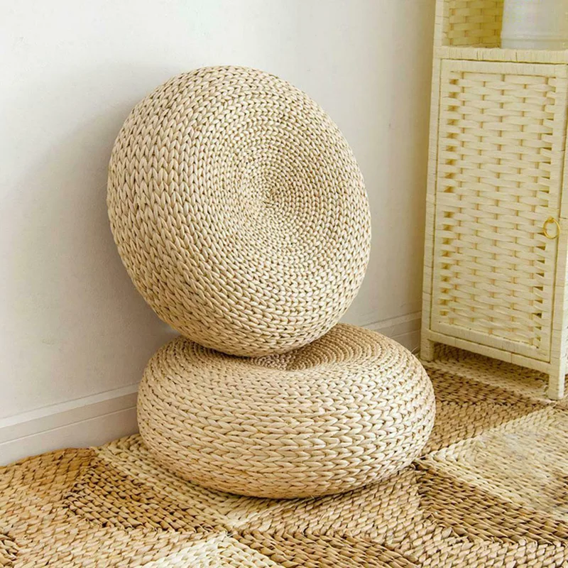 Japanese Home Textiles - Doğal Hasır Yuvarlak Puf El Yapımı