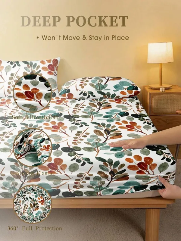 Fitted Sheet Deep - Çiçekli Yaprak Baskılı Lastikli Çarşaf Yumuşak