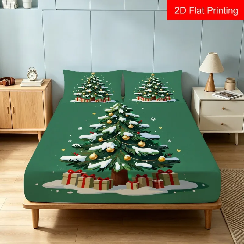 Fitted Sheet Deep - Tatil Kar Manzarası Noel Ağacı Altın